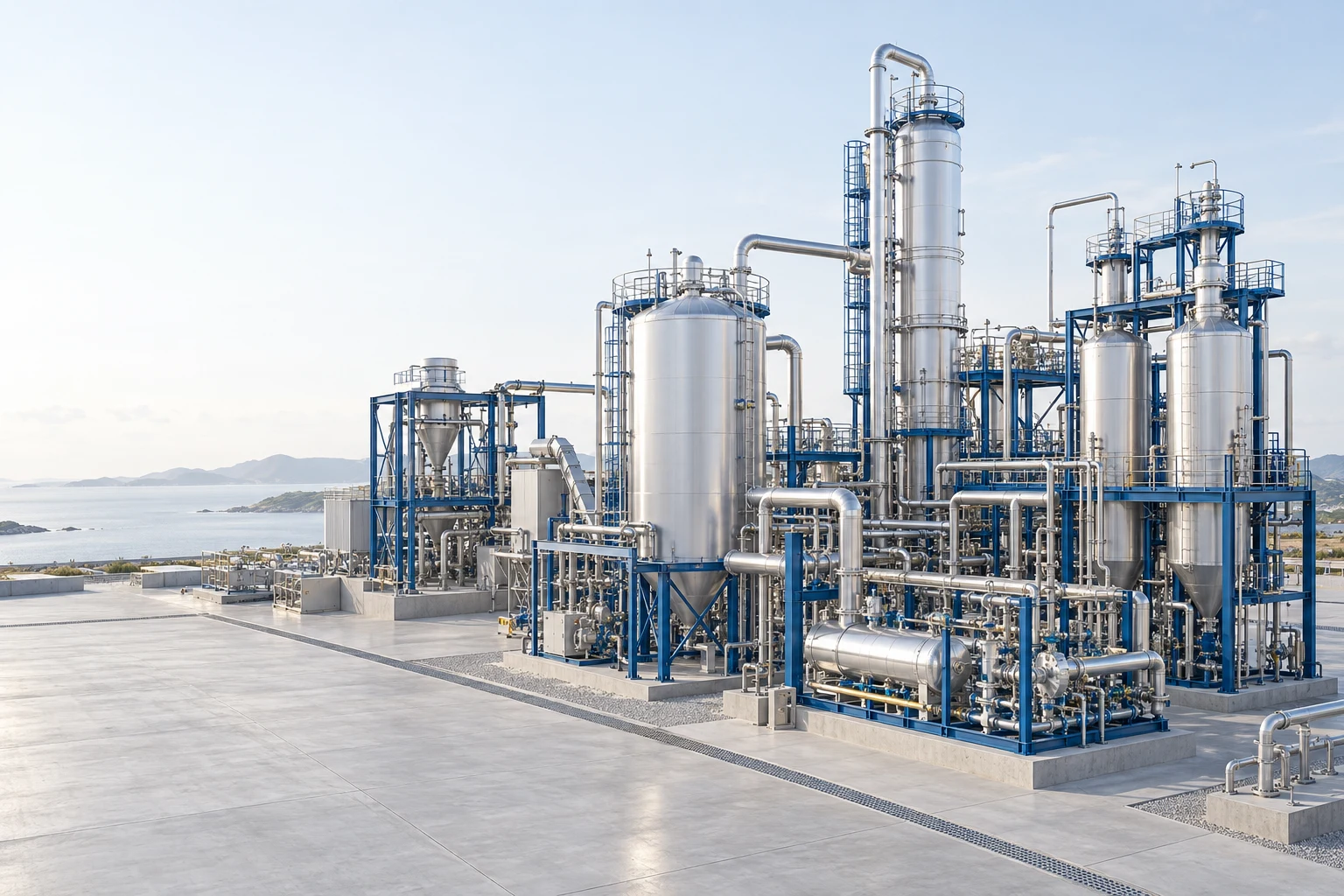Illustrative modular industrial plant concept with steel vessels and gas-processing pipework